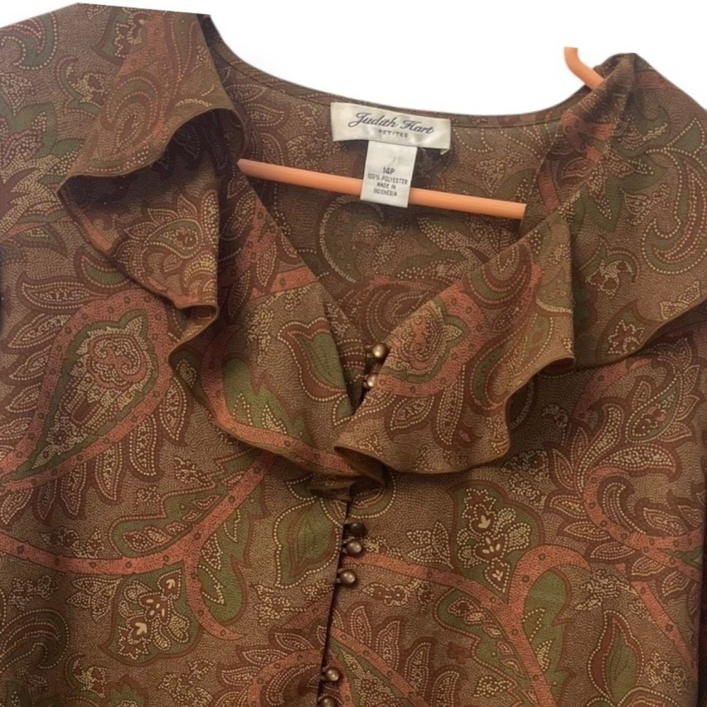 Judith Hart Petites Brown Paisley Ruffle V-Neck Button Front Blouse 14P